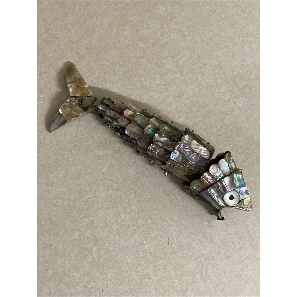 VINTAGE ARTICULATED FISH BOTTLE OPENER MOTHER OF PEARL ABALONE SHELL MEXICO